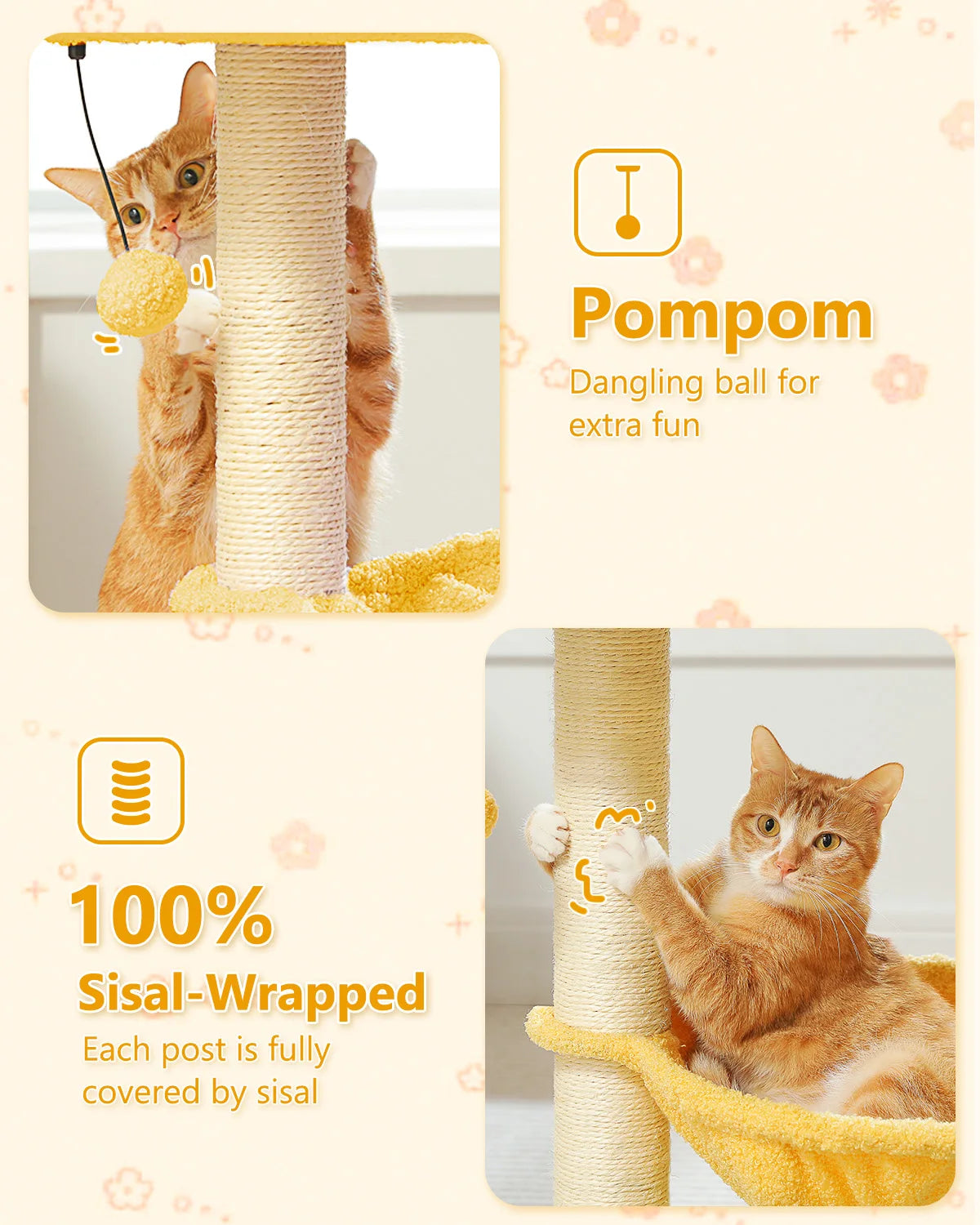 Flower Cat Tree with Sisal Scratching Post Large Hammock Soft Top Perch Small Cat Tower for Indoor Cute Cat Scratcher Kitten Toy