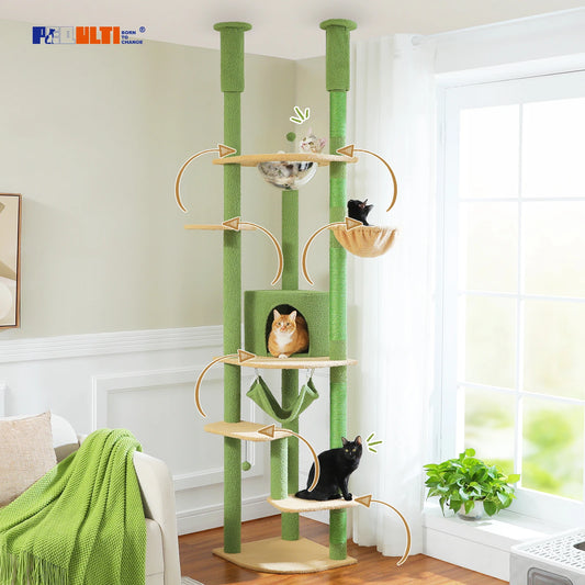 Adjustable Height Tall Cat Tree with Sisal Scratching Posts Spacious Condo Large Hammock Multi-Level Cat Tower Cat Accessories