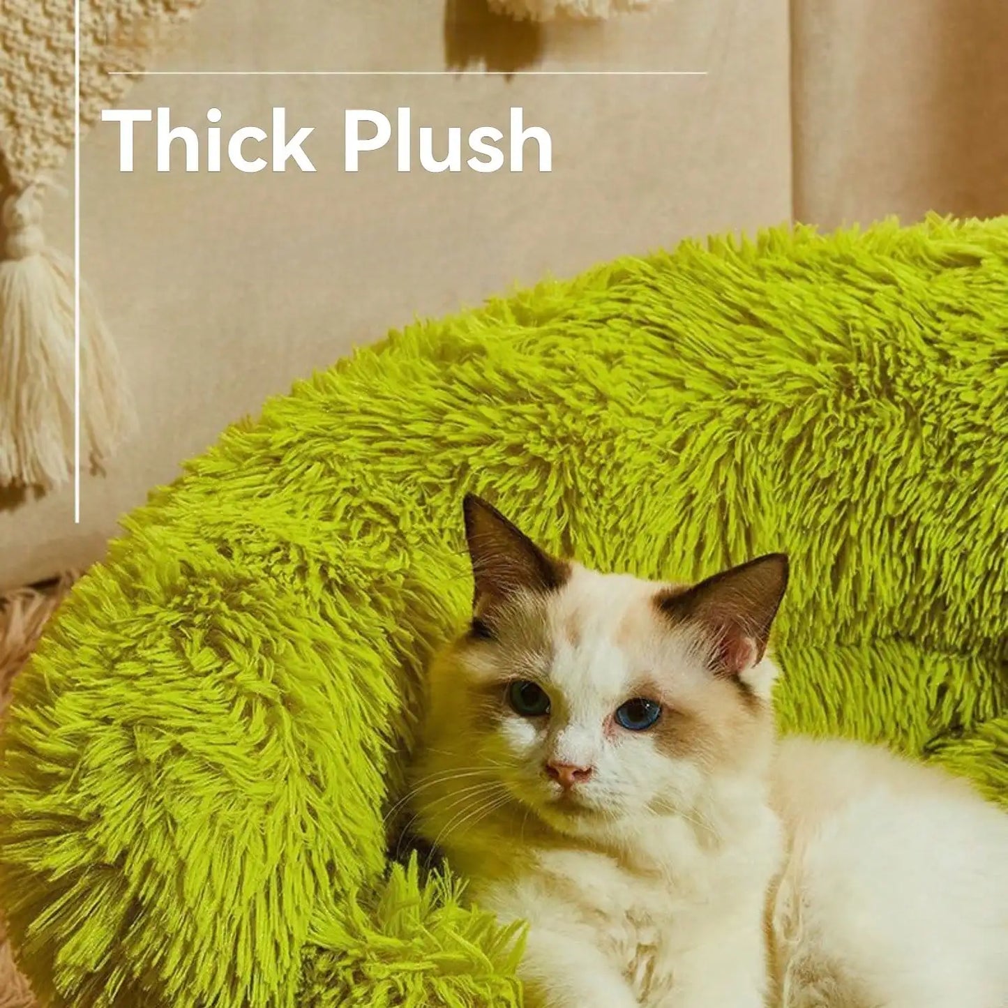 Calming Donut  Bed Green Plush Anti-Anxiety Dog & Cat Bed for Pets Soft Indoor Cuddler Bed Fluffy Plush with Non-Slip Bottom