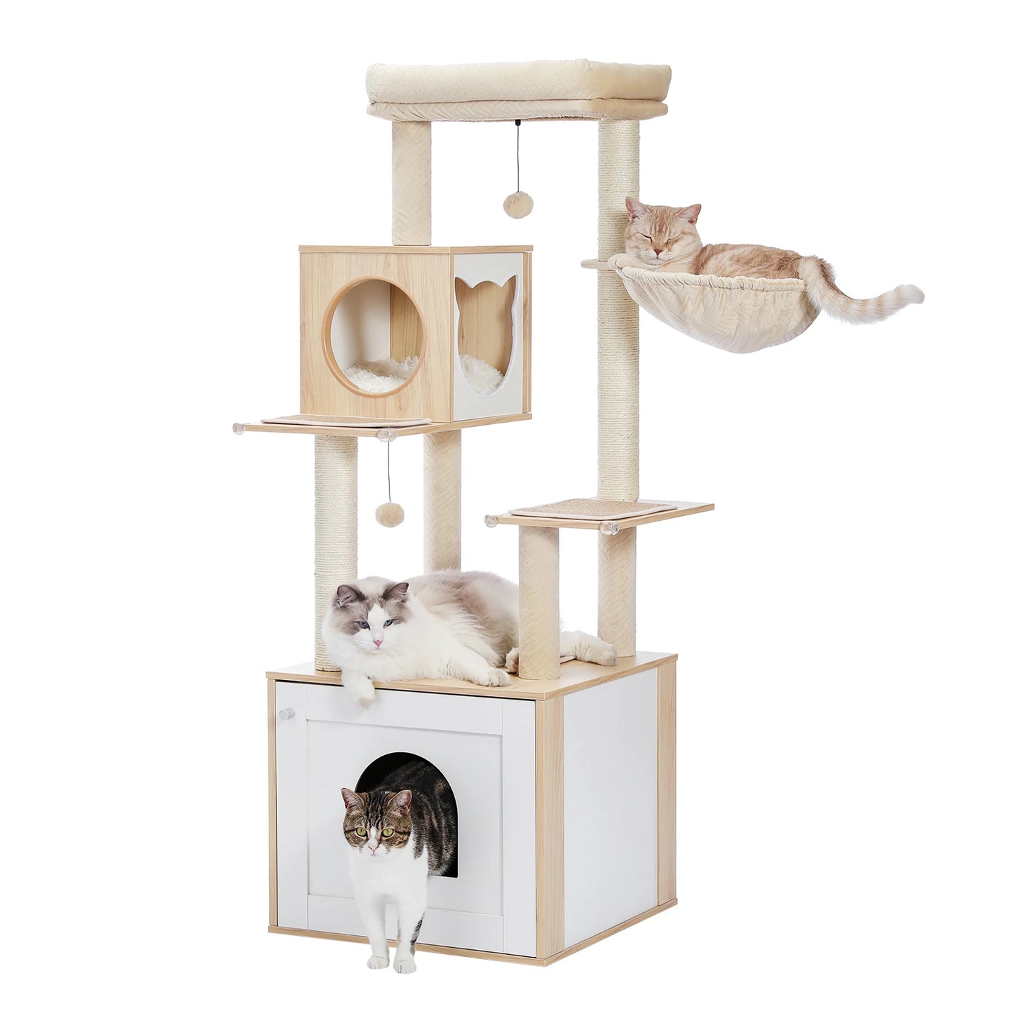 Wood Cat Tree with Storage Cabinet Sisal Scratching Post Cozy Cat Condo Soft Hammock Large Cat Tower for Indoor Cat Accessories