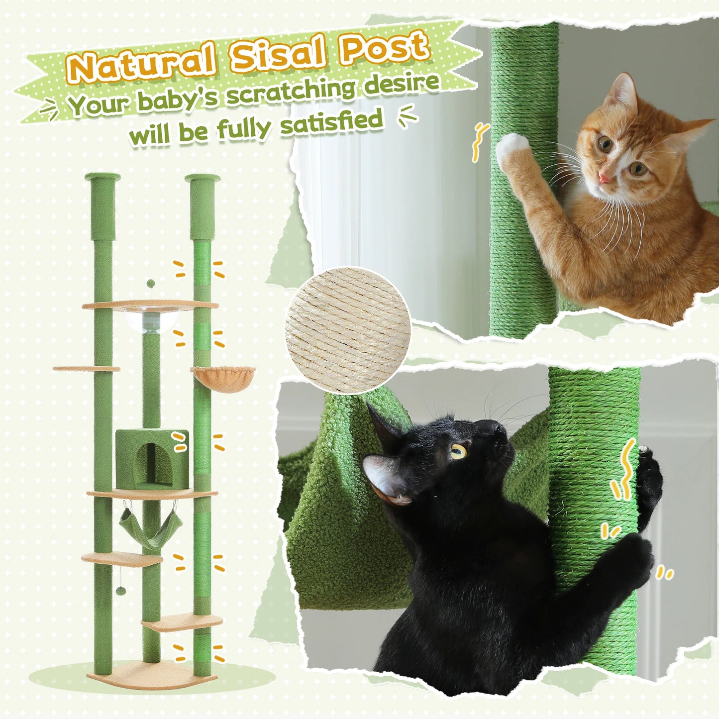 Adjustable Height Tall Cat Tree with Sisal Scratching Posts Spacious Condo Large Hammock Multi-Level Cat Tower Cat Accessories