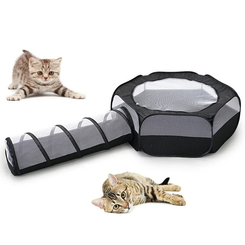 Cat Tunnel Cage House 2 in 1 Interactive Foldable Outside Play Tent and Tunnel for Bunnies Kitten Rabbits Hamster Ferrets Black