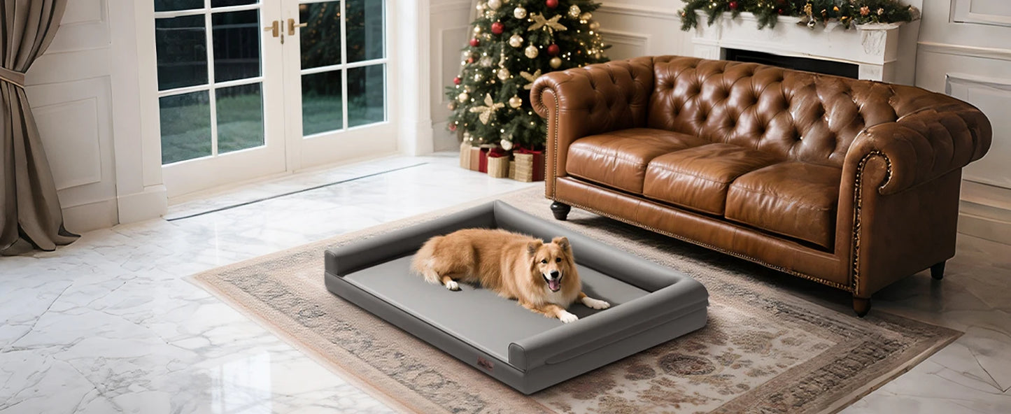 M-XXL Orthopedic Dog Bed Bolster Microfiber Leather Pet Dog Sofa Waterproof Couch Calming Bed with Removable Cover Easy Clean