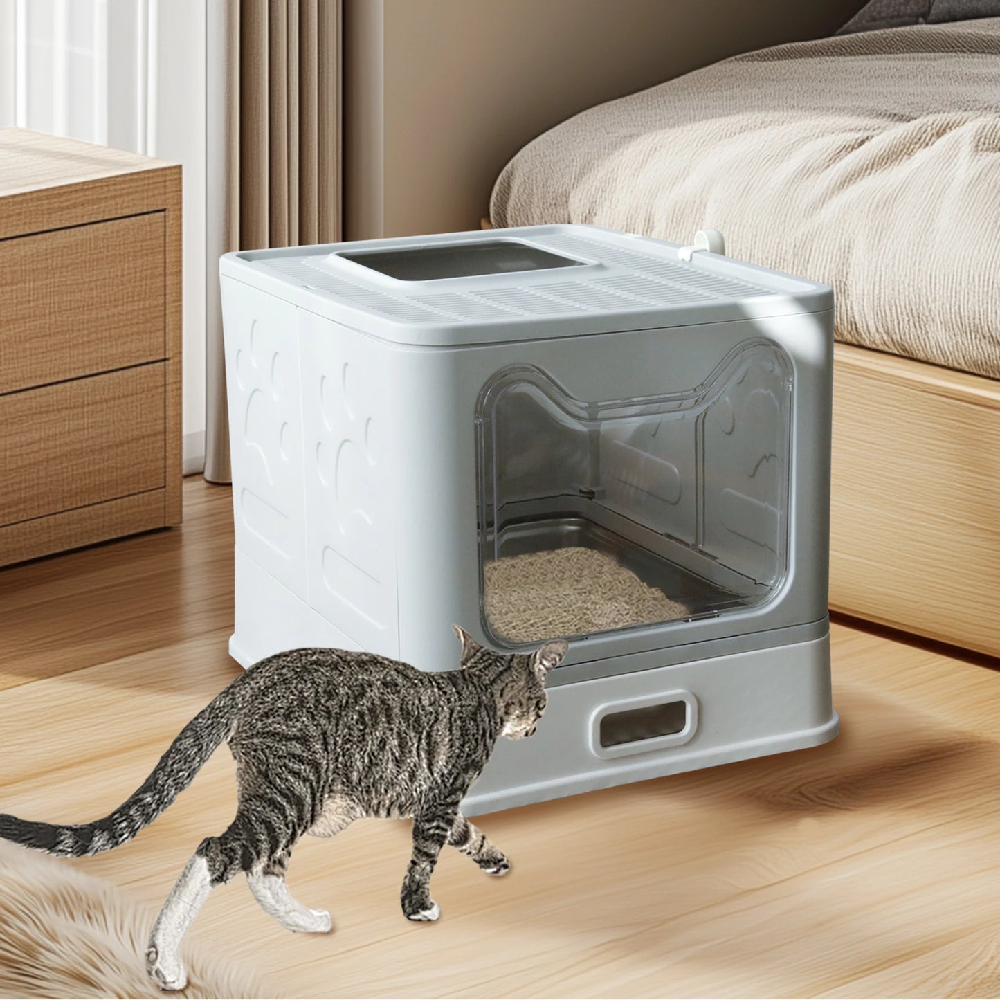 Bingopaw Stainless Steel Cat Litter Box with Lid Front Entry and Top Exit Toilet Box with Litter Scoop for Kittens,Easy Cleaning