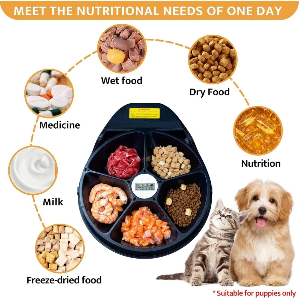 Cat Wet Food Automatic Feeder with Cooling, Semiconductor Refrigeration, with Timer, 5 Food Compartments for 330g Pet Food Each