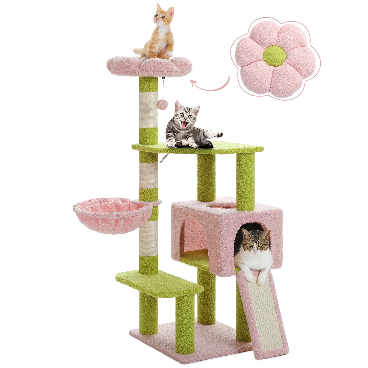 Flower Cat Tree, Multi-Level Cat Tower with Sisal Scratching Posts, Hammock, Ramp, Top Perch, Cat Condo for Indoor, Kitten Toys