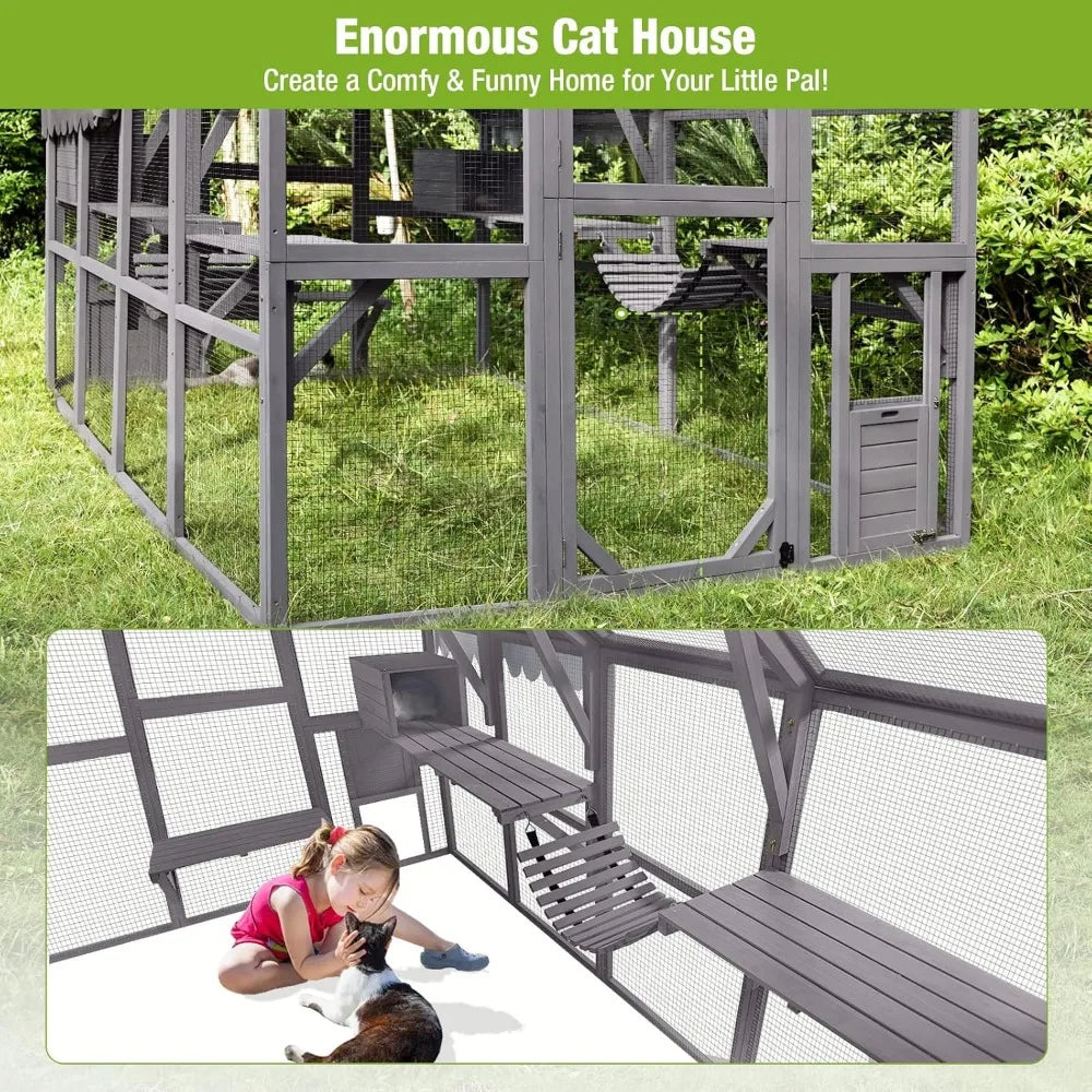 Large Cat Run Wooedn Cat Houses Outdoor Enclosure, Catio Cat Cage Kitten Condo-Backyard Run Cage for Pets, Weather Proof Cover-