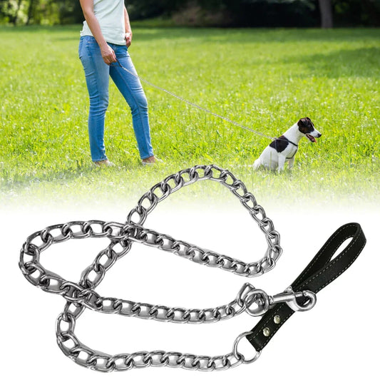 1Pcs Metal Chain Dog Lead With Leather Handle Control Leash Iron Dog Pets Supplies Collars Harnesses