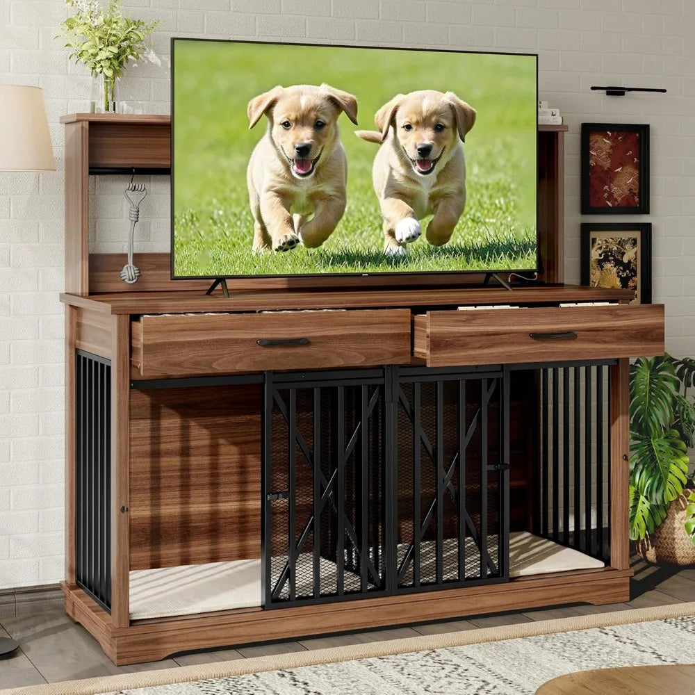 55.1" Dog Crate Furniture Heavy Duty Dog Cage with 2 Storage Drawers and Shelves TV Stand Side End Table Divider Locks for 2 Do