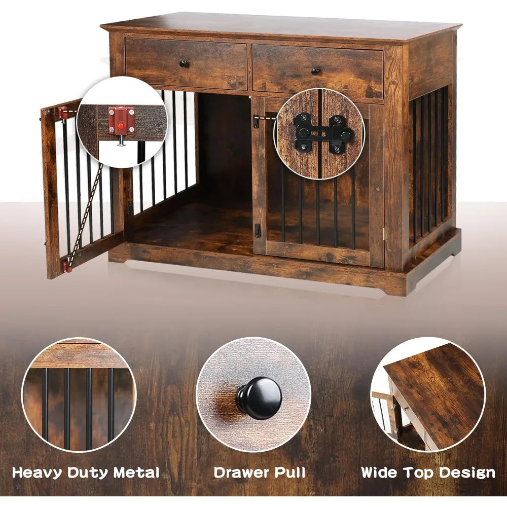 44 Inch Large Dog Crate Furniture,Wooden Dog Kennel End Table with Storage Drawers,Decorative Pet Cage Dog House Indoor for Dogs