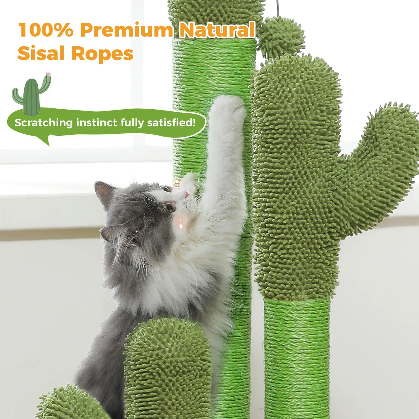 Cactus Cat Scratching Post Indoor Tall Cat Scratcher with 3 Scratching Poles Interactive Dangling Ball Cat Toys Cat Accessories