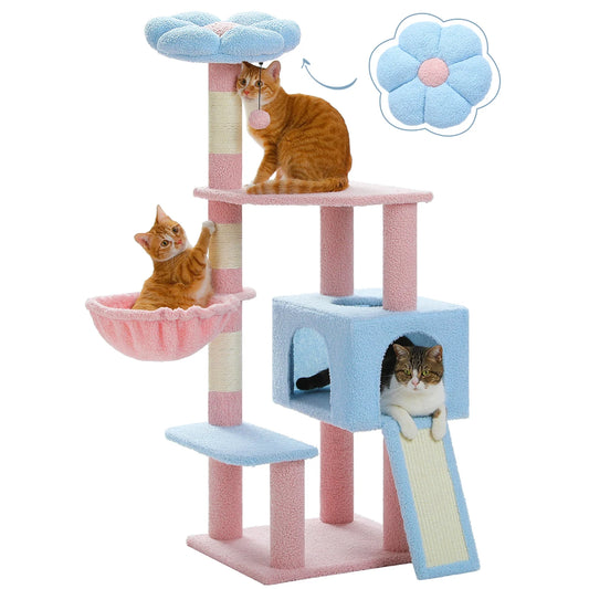 Flower Cat Tree, Multi-Level Cat Tower with Sisal Scratching Posts, Hammock, Ramp, Top Perch, Cat Condo for Indoor, Kitten Toys