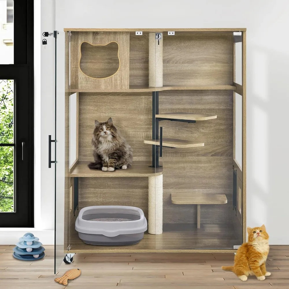 Luxury Wooden Cat Condo with Scratching Posts, Large Indoor Kitten Enclosure featuring Lockable Wheels and Emergency Exit