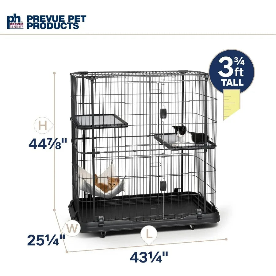 Prevue Pet Products Deluxe Cat Home with 3 Levels Metal and Plastic Crate Kennel Home for Cats and Kittens MultiLevel Cage Blac