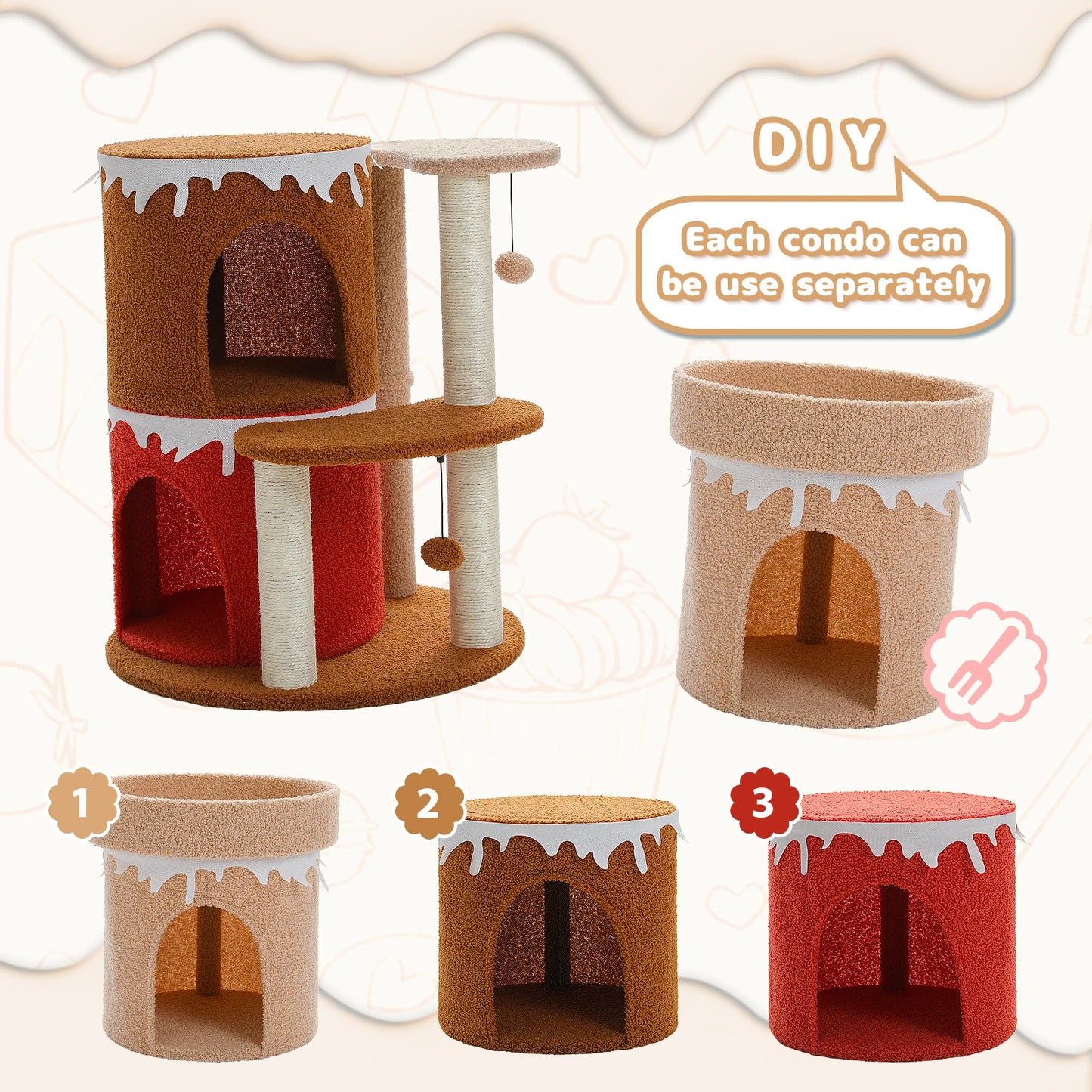 Multi-Level Cat Bed Cat House, Large Cat Condos for Indoor, Cute Cat Tree Tower with Sisal Scratching Posts, Pompoms, Kitten Toy