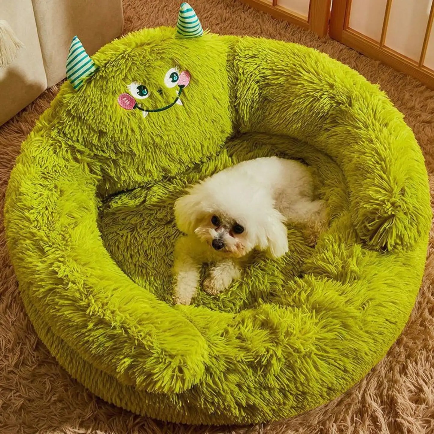 Calming Donut  Bed Green Plush Anti-Anxiety Dog & Cat Bed for Pets Soft Indoor Cuddler Bed Fluffy Plush with Non-Slip Bottom