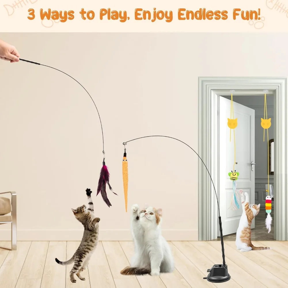 Depets Cat Wand Toy, 15 Pcs Interactive Cat Feather Toys for Indoor Self Play & Exercise, 2 Play Modes Kitten Teaser Wand, Reusa