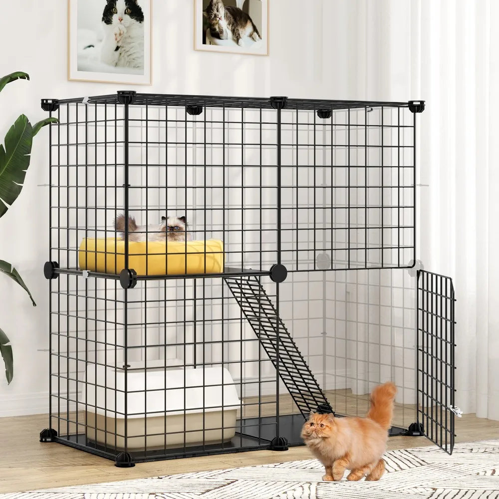 2 Tier Cat Cage Indoor Cat Enclosures Kitten Cage DIY Pet Playpen for 1-2 Cats