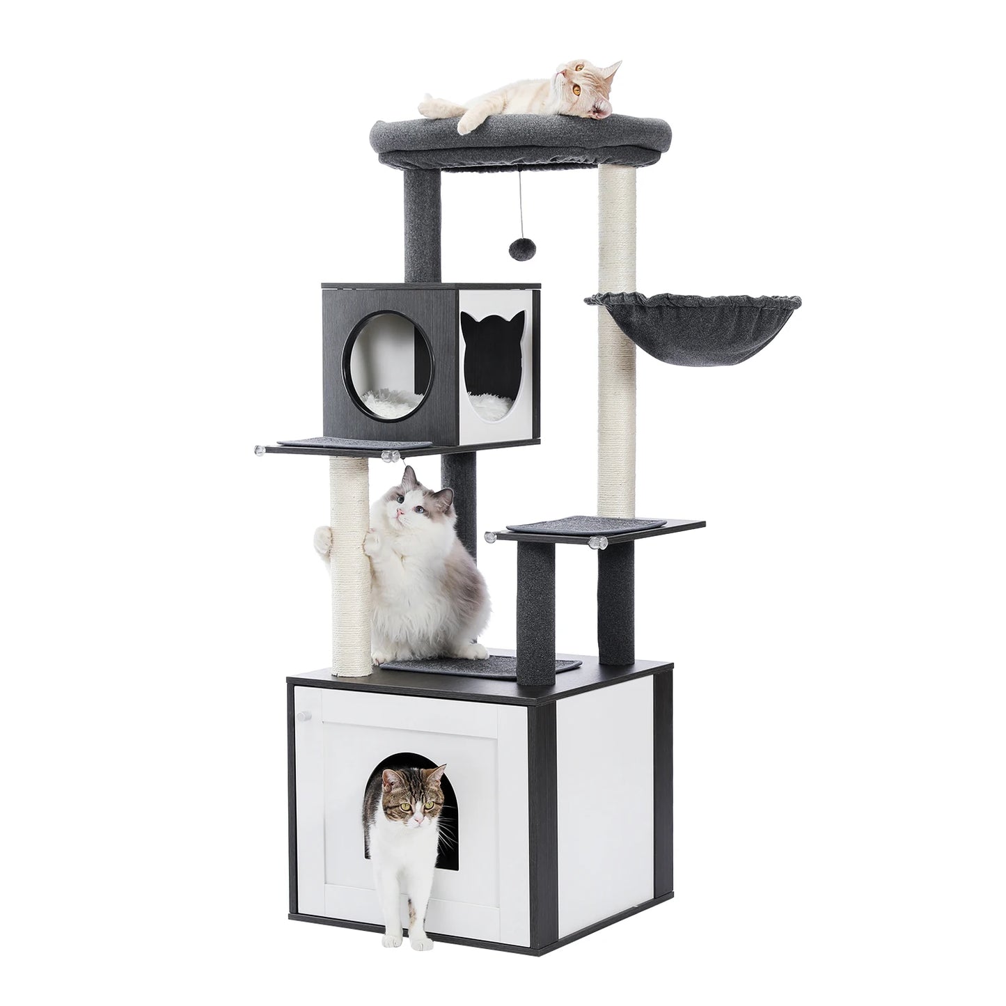 Wood Cat Tree with Storage Cabinet Sisal Scratching Post Cozy Cat Condo Soft Hammock Large Cat Tower for Indoor Cat Accessories