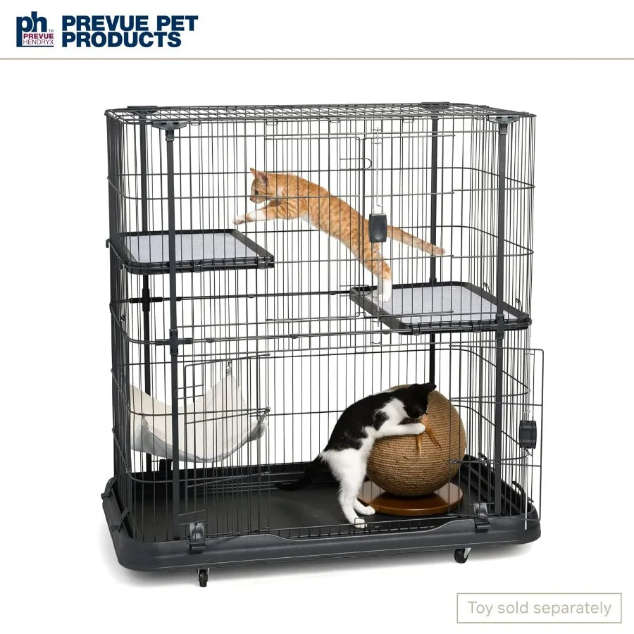 Prevue Pet Products Deluxe Cat Home with 3 Levels Metal and Plastic Crate Kennel Home for Cats and Kittens MultiLevel Cage Blac