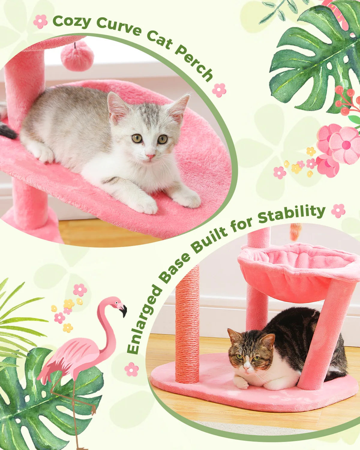 Multi-Level Flamingo Cat Tree with Scratching Posts, Hammock, Perch, Cute Cat Tower, Indoor Pink Cat Scratcher, Kittens Toys