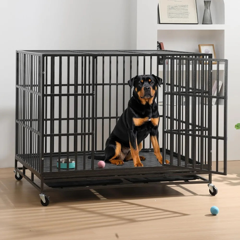60 inch Heavy Duty Dog Crate, Folding Dog Kennel No Assembly, Escape Proof Large Dog Cage Kennel with Lockable Wheels, High Anxi