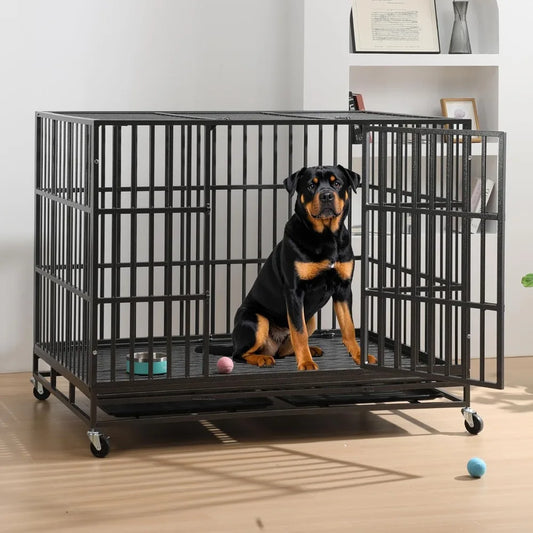 60 inch Heavy Duty Dog Crate, Folding Dog Kennel No Assembly, Escape Proof Large Dog Cage Kennel with Lockable Wheels, High Anxi