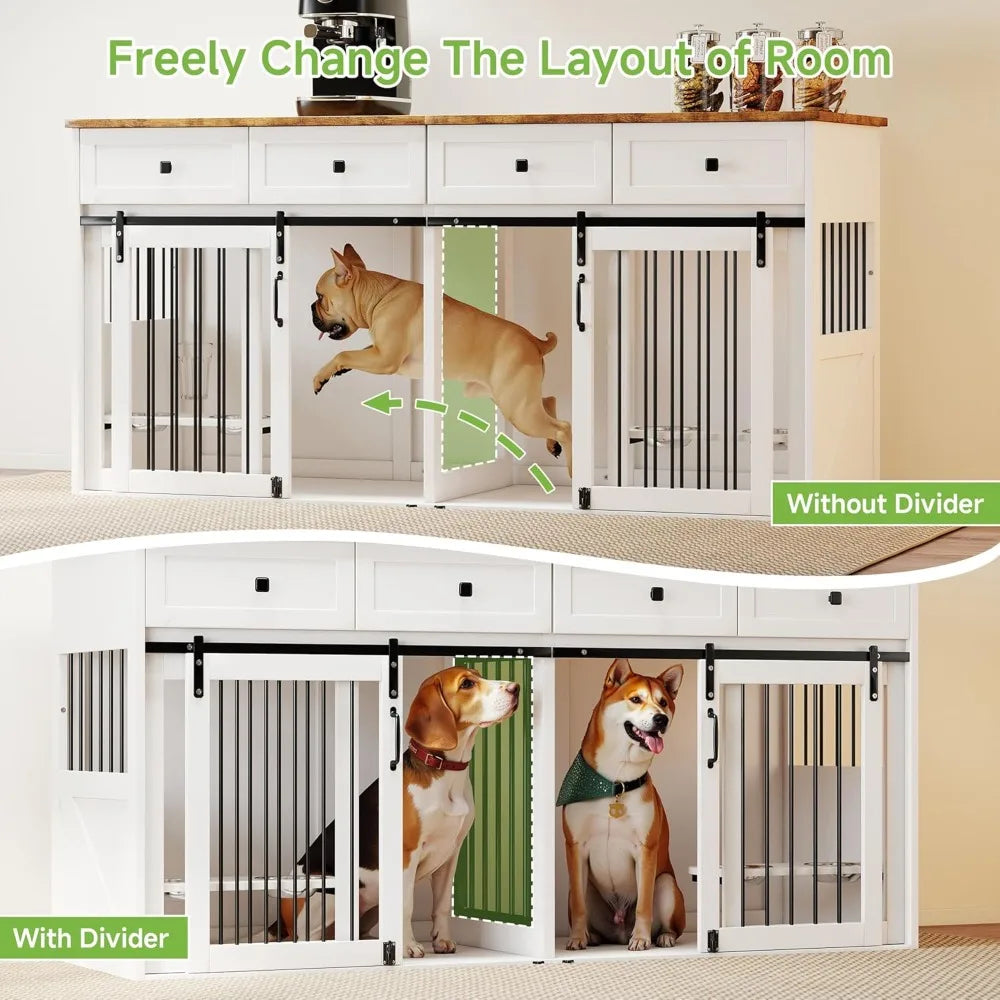 71" Double Dog Crate Furniture, Large Wooden Dog Kennel Furniture with 2 Drawers, Divider and Sliding Door, Indoor Dog House TV