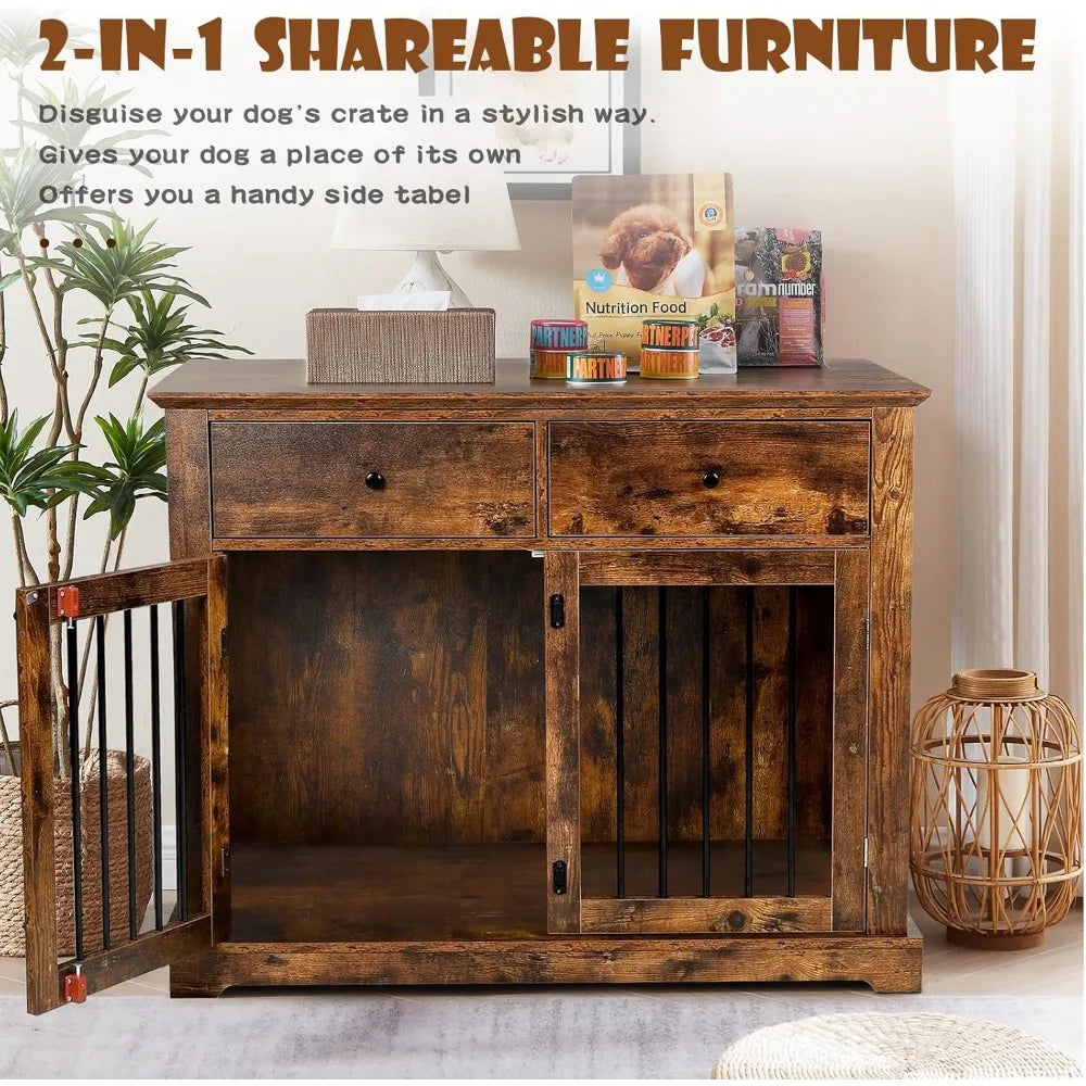 44 Inch Large Dog Crate Furniture,Wooden Dog Kennel End Table with Storage Drawers,Decorative Pet Cage Dog House Indoor for Dogs