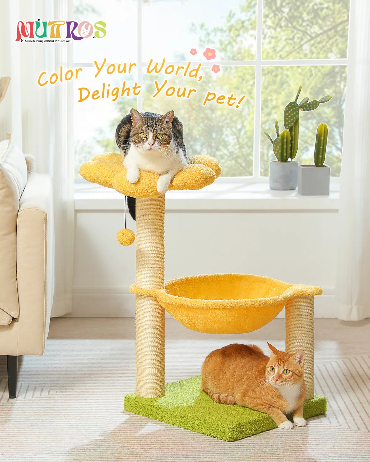 Flower Cat Tree with Sisal Scratching Post Large Hammock Soft Top Perch Small Cat Tower for Indoor Cute Cat Scratcher Kitten Toy