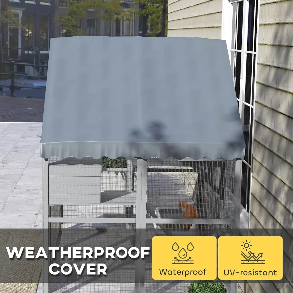 Large Catio Outdoor Cat Enclosure for Multiple Kittens, Wooden Cat House with Waterproof Cover, Walk in Kitty Cage Kennel with