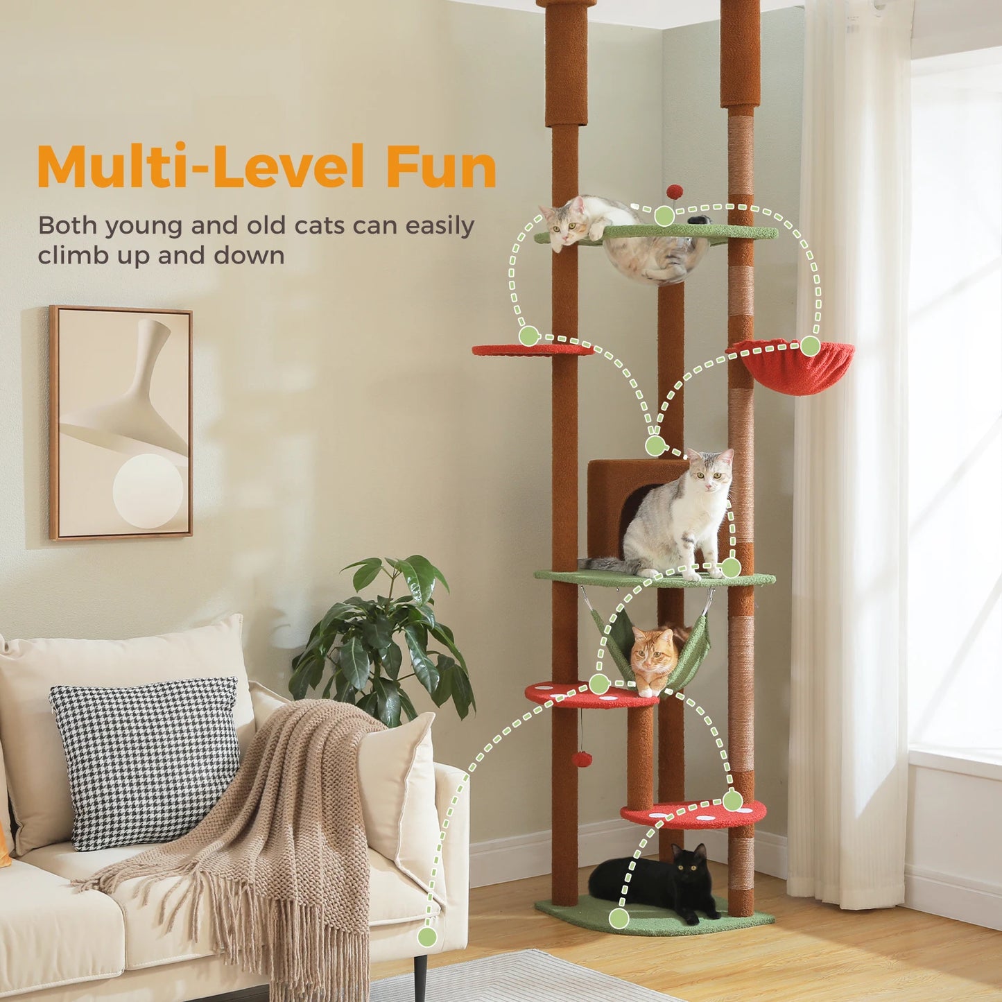 Adjustable Height Tall Cat Tree with Sisal Scratching Posts Spacious Condo Large Hammock Multi-Level Cat Tower Cat Accessories