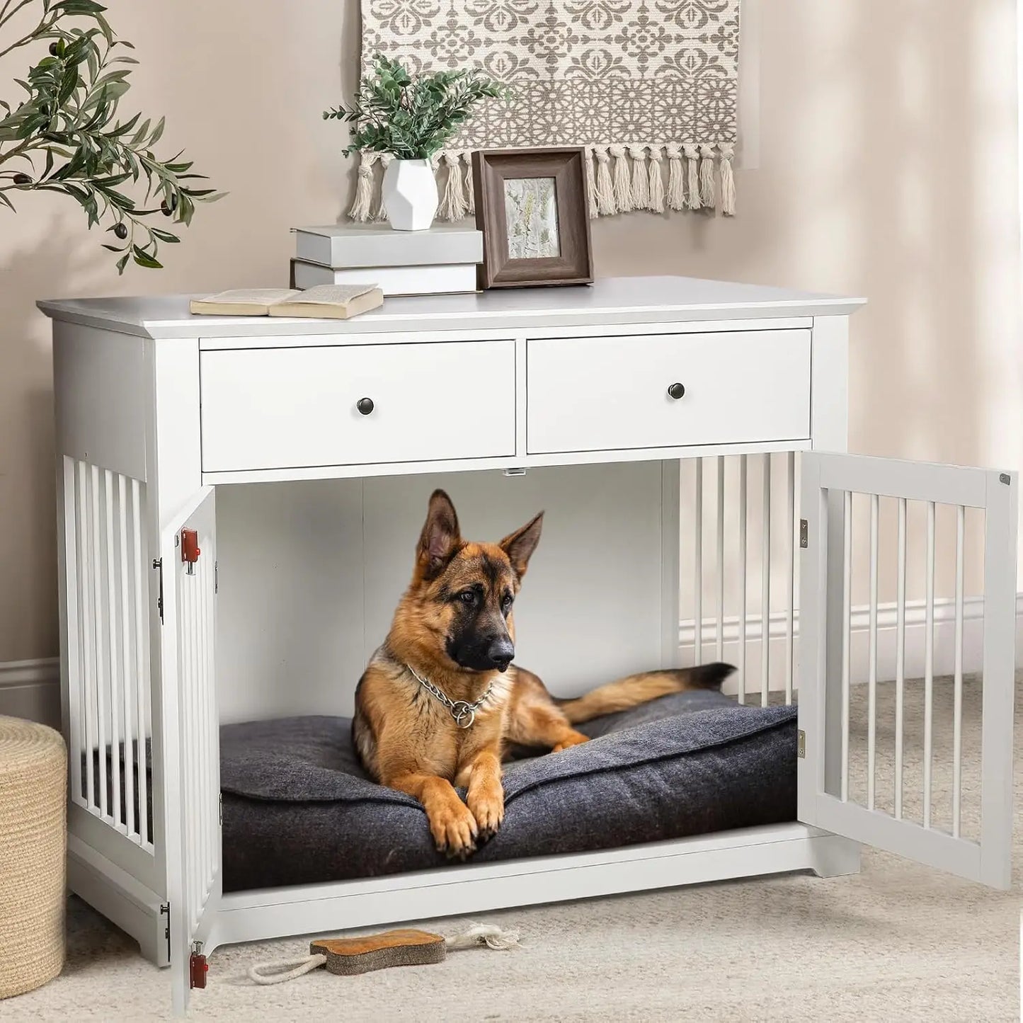 44 Inch Large Dog Crate Furniture,Wooden Dog Kennel End Table with Storage Drawers,Decorative Pet Cage Dog House Indoor for Dogs