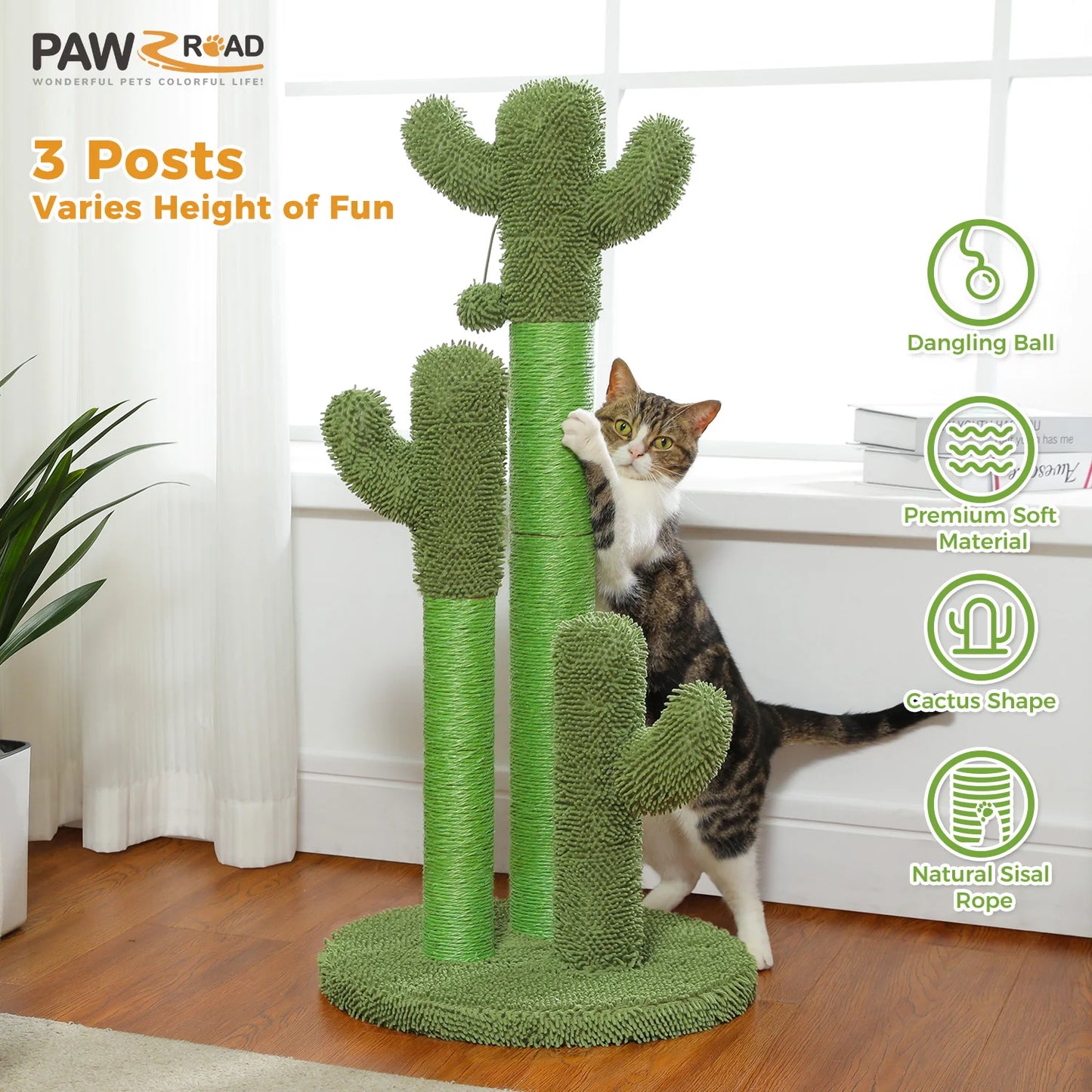 Cactus Cat Scratching Post Indoor Tall Cat Scratcher with 3 Scratching Poles Interactive Dangling Ball Cat Toys Cat Accessories