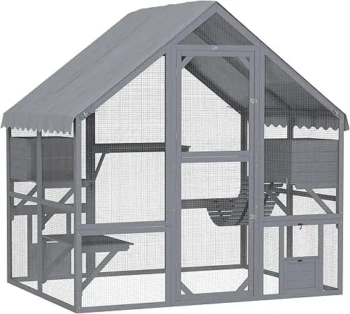 Large Catio Outdoor Cat Enclosure for Multiple Kittens, Wooden Cat House with Waterproof Cover, Walk in Kitty Cage Kennel with