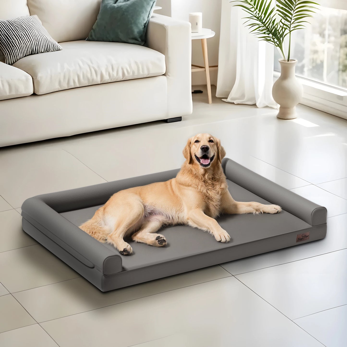 M-XXL Orthopedic Dog Bed Bolster Microfiber Leather Pet Dog Sofa Waterproof Couch Calming Bed with Removable Cover Easy Clean