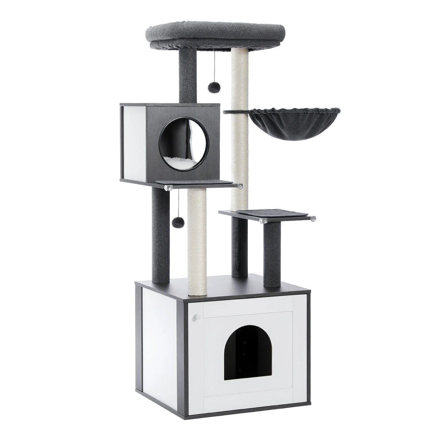 Wood Cat Tree with Storage Cabinet Sisal Scratching Post Cozy Cat Condo Soft Hammock Large Cat Tower for Indoor Cat Accessories