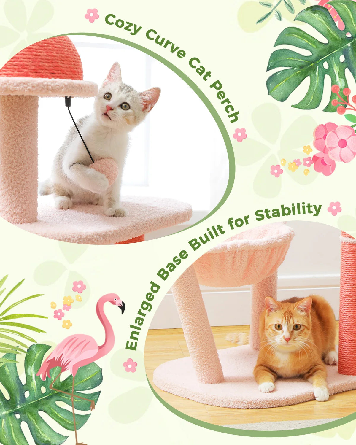 Multi-Level Flamingo Cat Tree with Scratching Posts, Hammock, Perch, Cute Cat Tower, Indoor Pink Cat Scratcher, Kittens Toys
