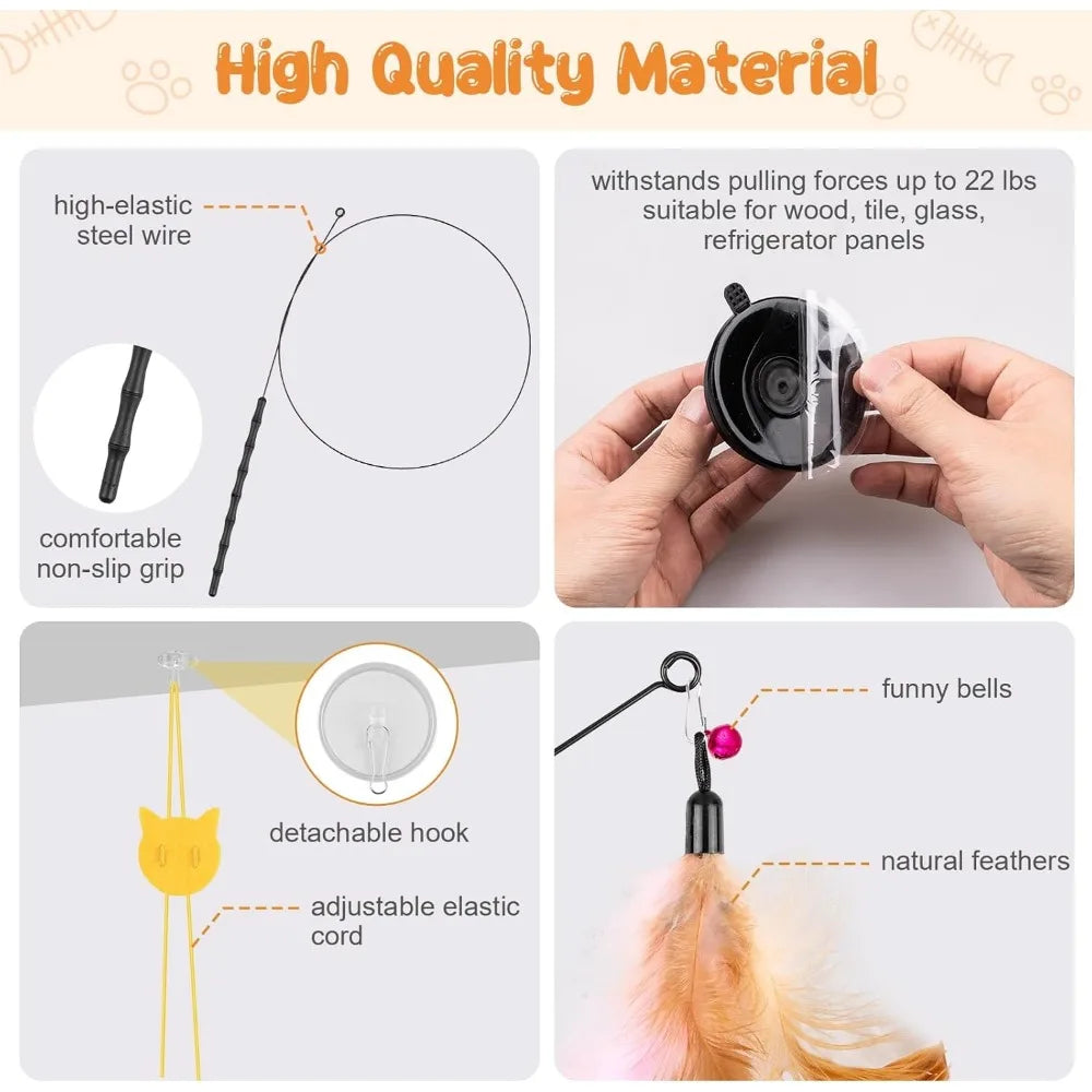 Depets Cat Wand Toy, 15 Pcs Interactive Cat Feather Toys for Indoor Self Play & Exercise, 2 Play Modes Kitten Teaser Wand, Reusa
