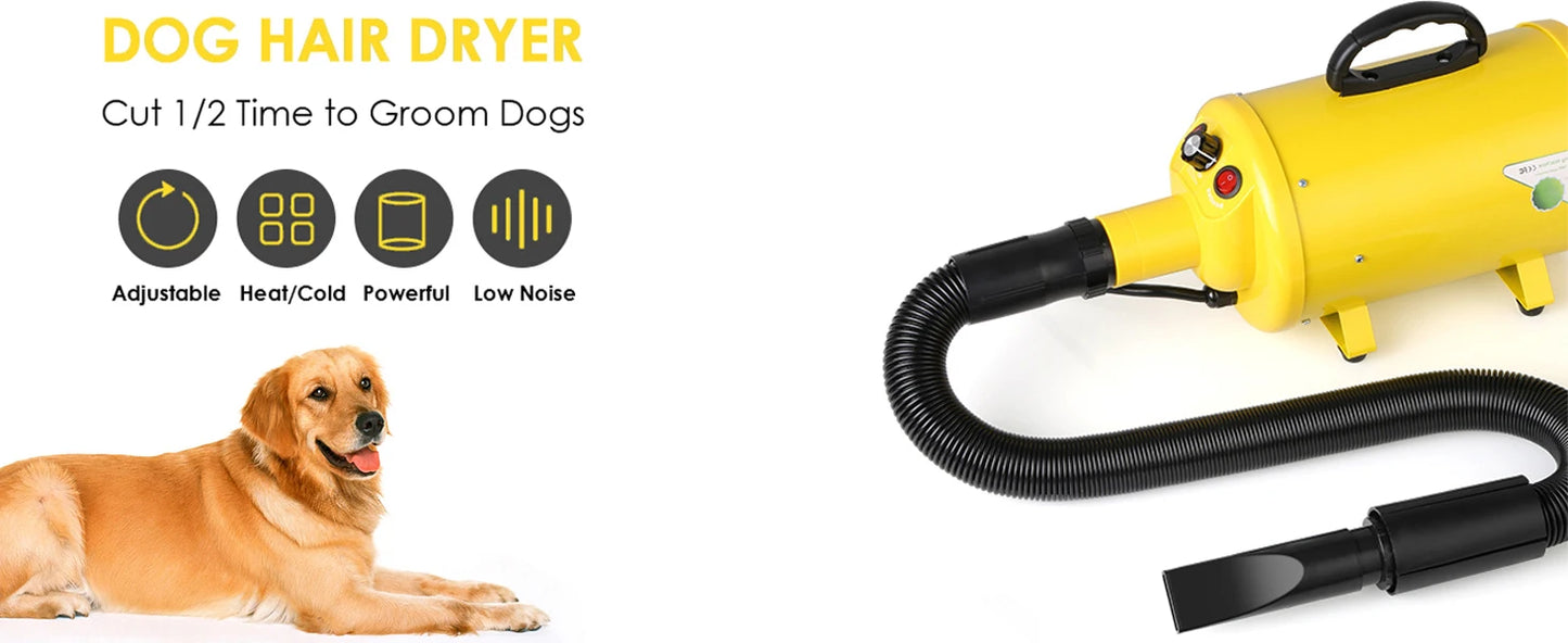 Dog Hair Dryer, 3.8HP 2800W Pet Grooming Blower for Large Dogs Hair Force Blaster with Heat, Stepless Speed Adjustable