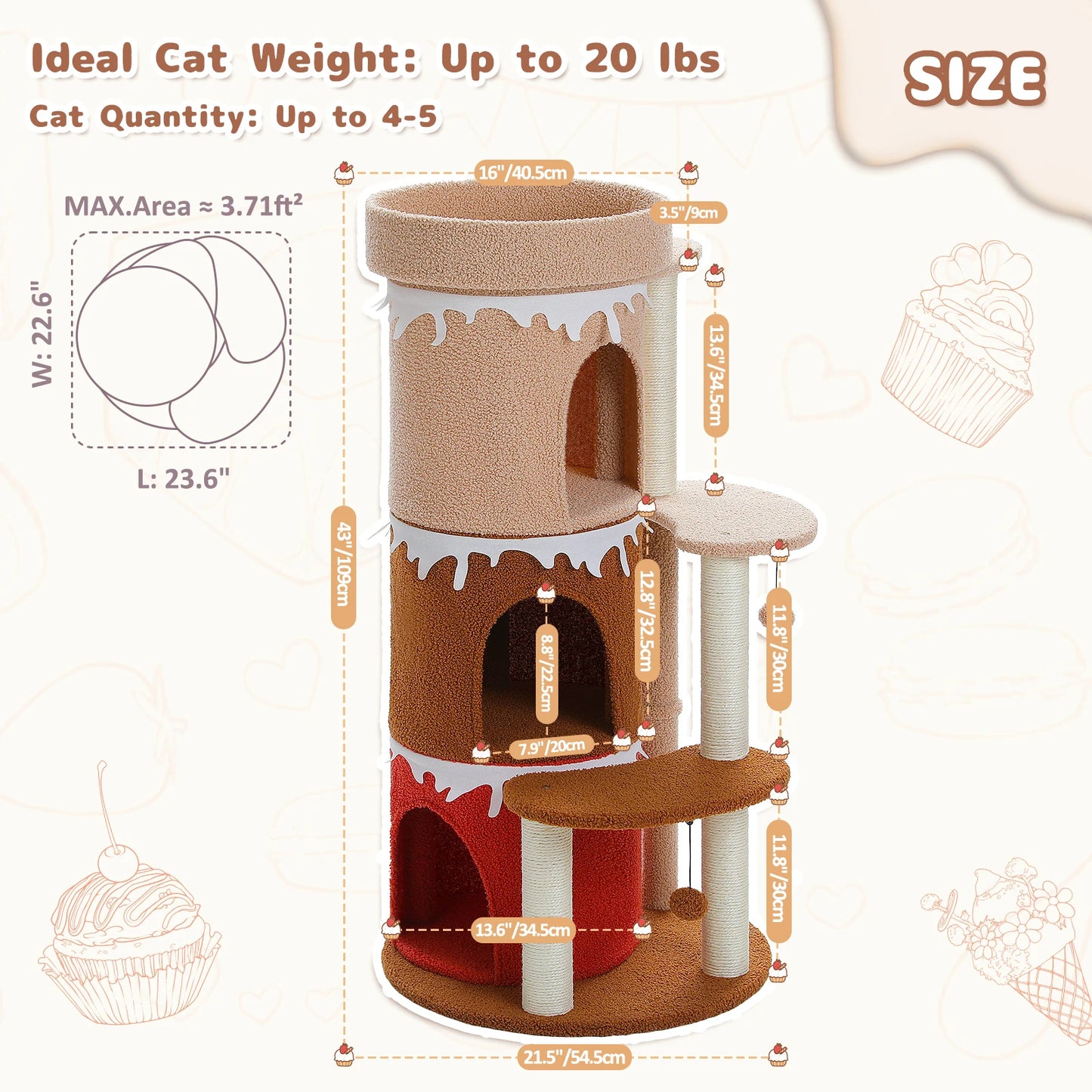 Multi-Level Cat Bed Cat House, Large Cat Condos for Indoor, Cute Cat Tree Tower with Sisal Scratching Posts, Pompoms, Kitten Toy