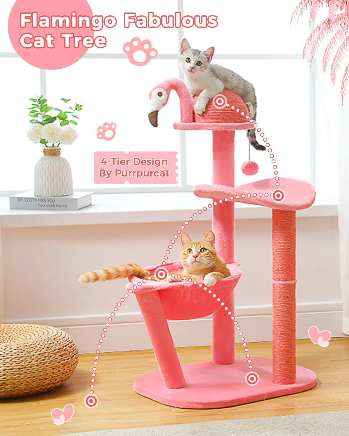 Multi-Level Flamingo Cat Tree with Scratching Posts, Hammock, Perch, Cute Cat Tower, Indoor Pink Cat Scratcher, Kittens Toys