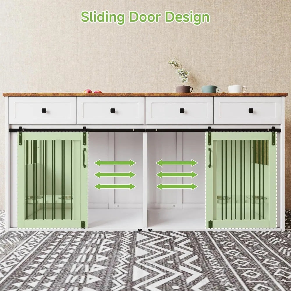 71" Double Dog Crate Furniture, Large Wooden Dog Kennel Furniture with 2 Drawers, Divider and Sliding Door, Indoor Dog House TV