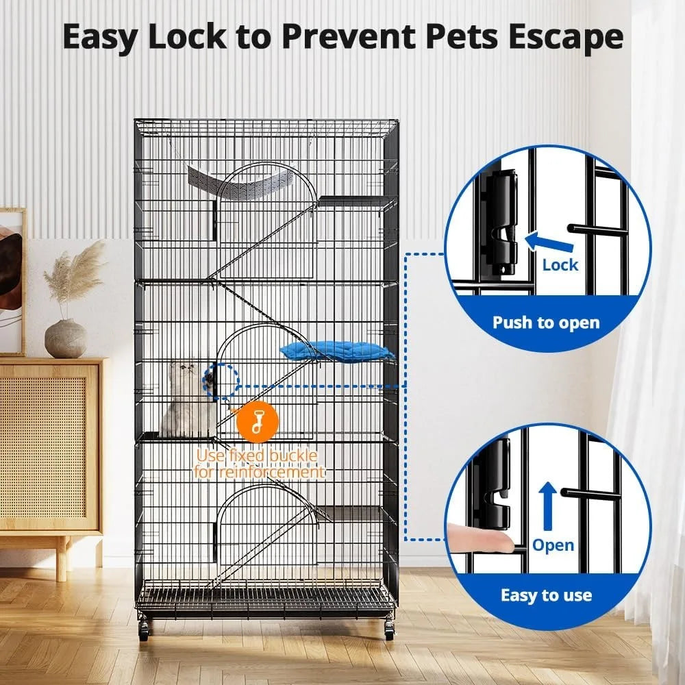 6-Tier Large Cat Cage Playpen, 72-inch Indoor/Outdoor Enclosure with 3 Doors, Hammock, Suitable for Cats, Kittens,