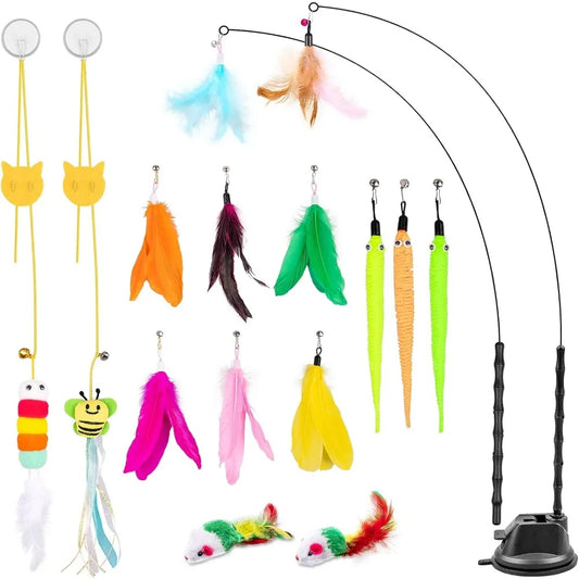 Depets Cat Wand Toy, 15 Pcs Interactive Cat Feather Toys for Indoor Self Play & Exercise, 2 Play Modes Kitten Teaser Wand, Reusa