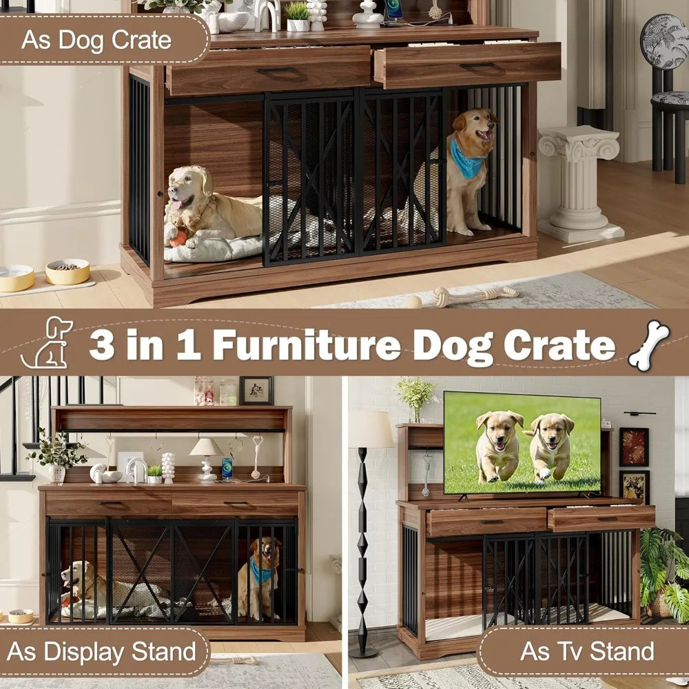 55.1" Dog Crate Furniture Heavy Duty Dog Cage with 2 Storage Drawers and Shelves TV Stand Side End Table Divider Locks for 2 Do