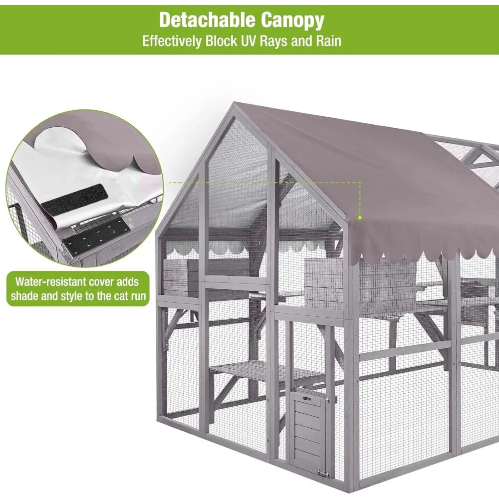 Large Cat Run Wooedn Cat Houses Outdoor Enclosure, Catio Cat Cage Kitten Condo-Backyard Run Cage for Pets, Weather Proof Cover-