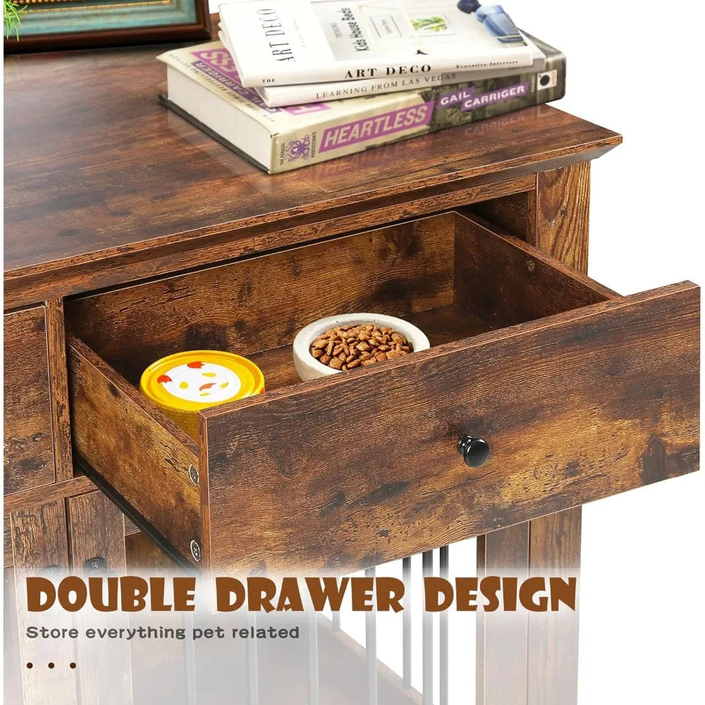 44 Inch Large Dog Crate Furniture,Wooden Dog Kennel End Table with Storage Drawers,Decorative Pet Cage Dog House Indoor for Dogs