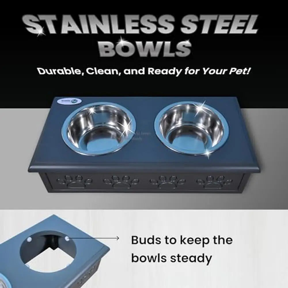 Wooden Pet Double Diner Stainless Steel Bowls Dogs Cats Charcoal Gray Small Solid Pine Premium Look Rust & Odor Resistant Easy
