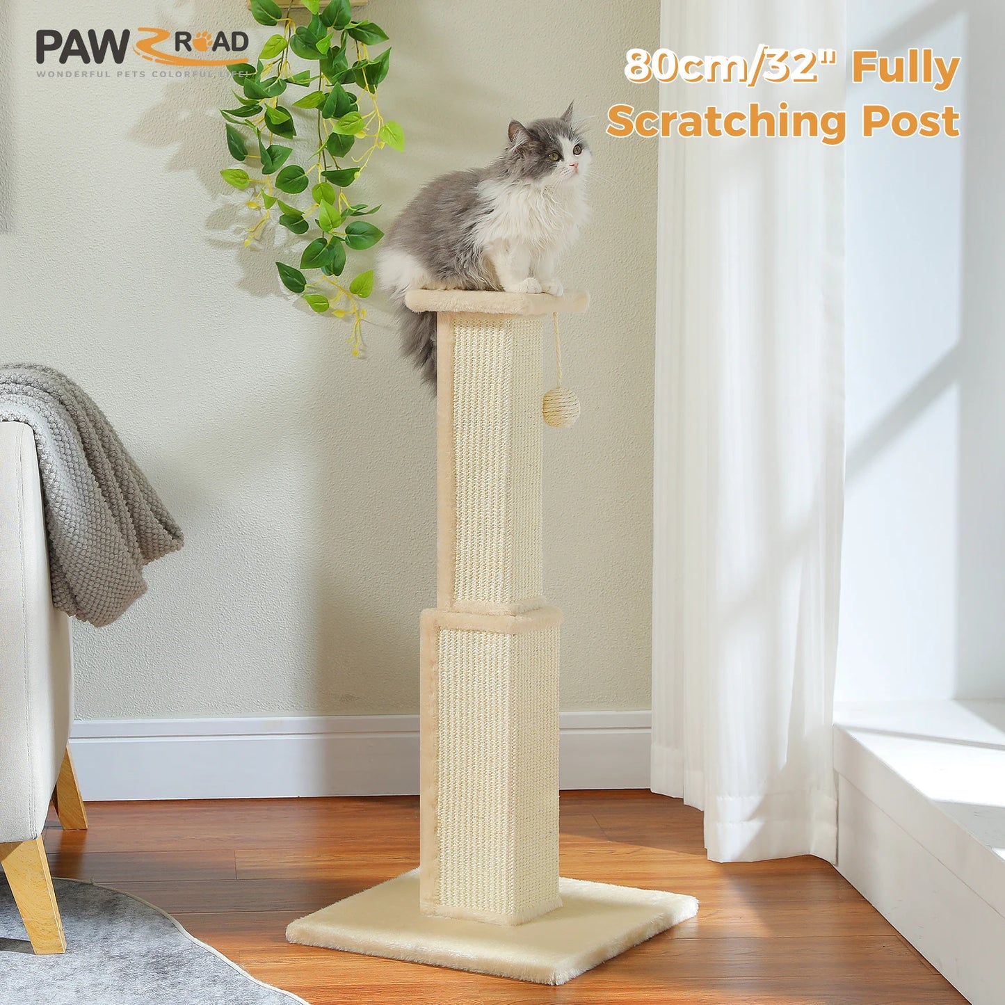 80CM Cat Scratching Post for Indoor Cat Scratcher with Nature Sisal Ball Tall Scratching Post for Large Cats Kitten Pet Toys
